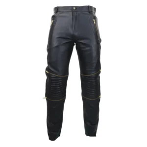 Men’s Black Leather Trouser Jeans Gold Zips Classic Goth Punk