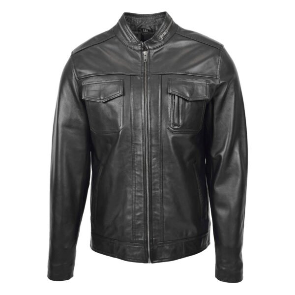 Men's Casual Biker Leather Jacket Jaime Black front view with zip closed all the way up