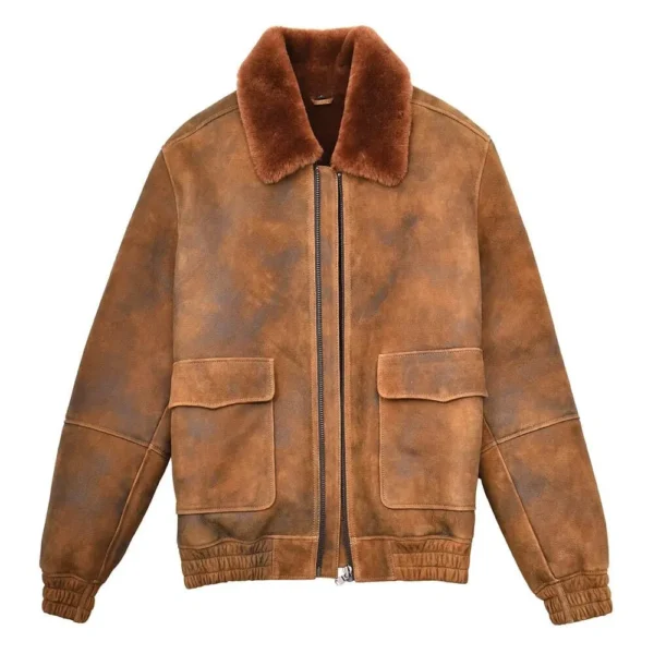 Front view of Mens Original Flying Sheepskin Bomber Brown Ginger Shearling Jacket Curtis