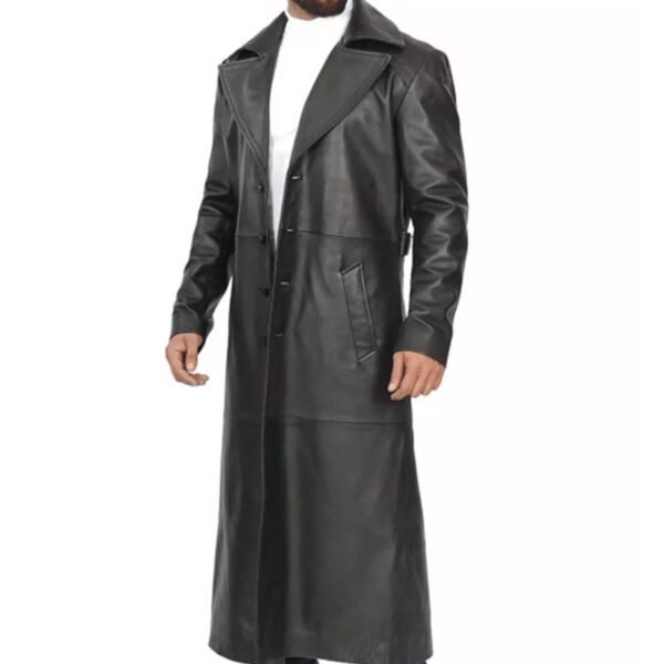 Front view of Men’s Full-Length Black Leather Trench Coat