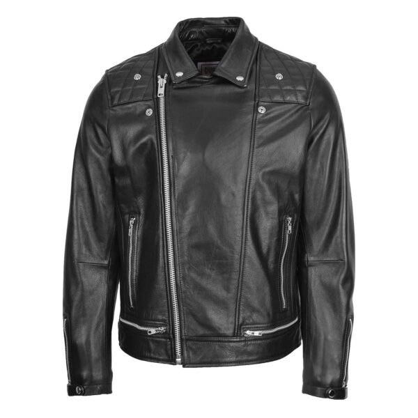 Men's Leather Biker Brando Design Jacket Sean Black front view with zip closed all the way up