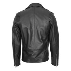 Men's Leather Biker Jacket Brando Style Johnny Black rear view