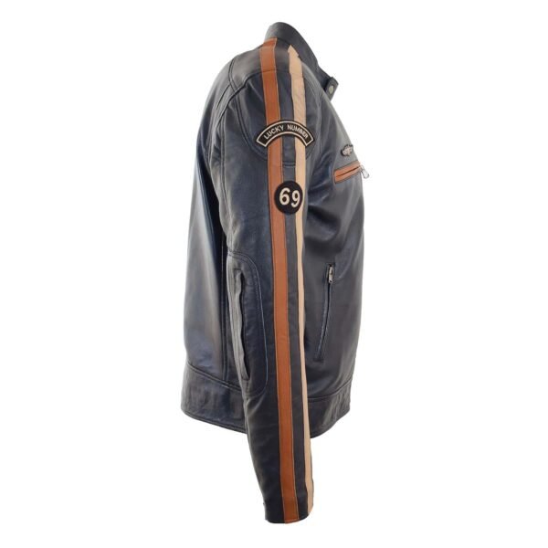 Men's Real Leather Biker Jacket Cafe Racer Style Badges TRON Navy lateral view