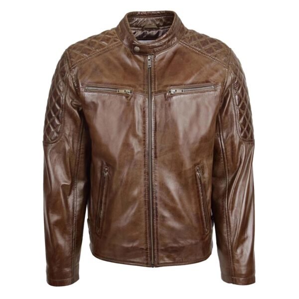 Men's Leather Biker Style Jacket with Quilt Detail Jackson Timber front side with zip closed all the way up