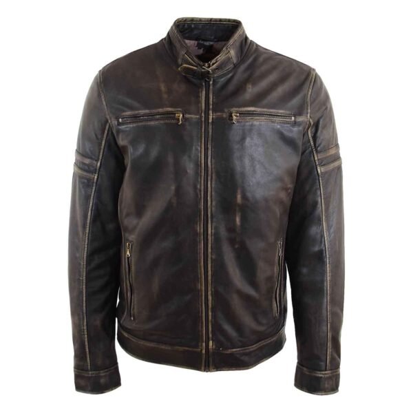 Mens Real Leather Biker Jacket Vintage Rub Off Effect RICKY