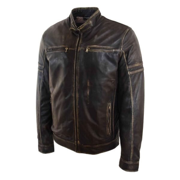 Men's Real Leather Biker Jacket Vintage Rub Off Effect RICKY front view