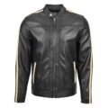 Men's Leather Biker Jacket with Racing Stripes Clyde Black front side with closed all the way up