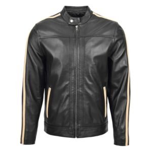 Men's Leather Biker Jacket with Racing Stripes Clyde Black front side with closed all the way up