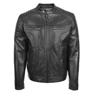 Men's Leather Biker Style Zip Jacket Eddie Black front view with zip closed all the way up