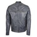 Men's Leather Biker Style Zip Jacket Eddie Grey Two Tone front view with zip closed all the way up