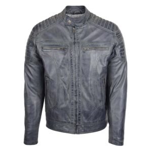 Men's Leather Biker Style Zip Jacket Eddie Grey Two Tone front view with zip closed all the way up