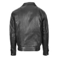 Back view of a black leather jacket featuring stitched panel details, a classic collar, and adjustable snap button cuffs, displayed against a white background