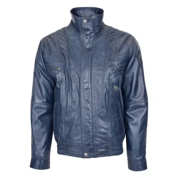 Front view of a blue leather jacket featuring stitched panel details, a classic collar, and adjustable snap button cuffs, displayed against a white background