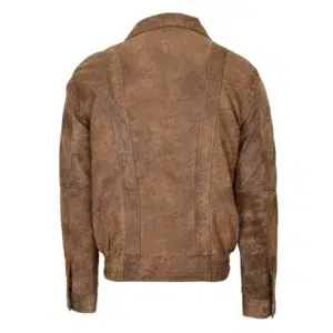 Back view of a brown leather jacket featuring stitched panel details, a classic collar, and adjustable snap button cuffs, displayed against a white background