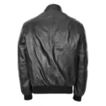 Back view of a black leather bomber jacket with ribbed waistband and cuffs, featuring a simple design and soft, smooth leather finish, displayed against a white background