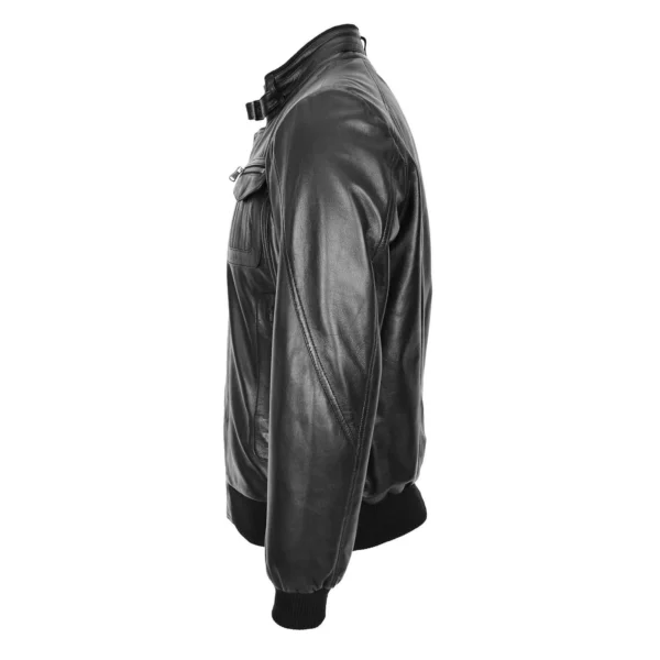 Angled view of a black leather bomber jacket with ribbed waistband and cuffs, featuring a simple design and soft, smooth leather finish, displayed against a white background