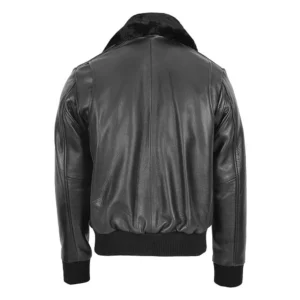 Back view of Men's Leather Bomber Pilot Jacket Removable Collar Leroy Black