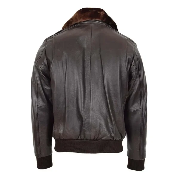 Back view of Men's Leather Bomber Pilot Jacket Removable Collar Leroy Brown