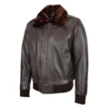 Front side view of Men's Leather Bomber Pilot Jacket Removable Collar Leroy Brown