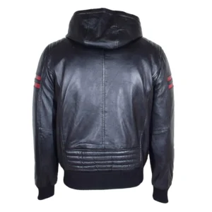 Back view of Men's Real Leather Bomber Zip Jacket Hooded RAMMY Black