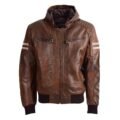 Mens Real Leather Bomber Zip up Detachable Hoodie Jacket Dallas Cognac