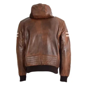 Back view of Men's Real Leather Bomber Zip up Detachable Hoodie Jacket Dallas Cognac