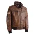 Front side view of Men's Real Leather Bomber Zip up Detachable Hoodie Jacket Dallas Cognac