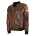 Front view of Men's Real Leather Bomber Zip up Detachable Hoodie Jacket Dallas Cognac