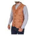 Angled Men's Leather Buttoned Waistcoat Gilet Calvin Tan