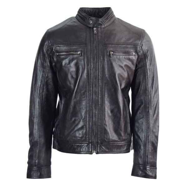 Men's Leather Cafe Racer Biker Jacket Charlie Black front side with zip closed all the way up