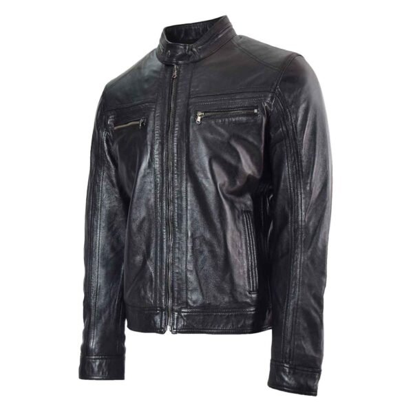 Men's Leather Cafe Racer Biker Jacket Charlie Black tilted a bit to the right