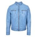 Men's Leather Cafe Racer Biker Jacket Charlie Sky Blue front side with zip closed all the way up