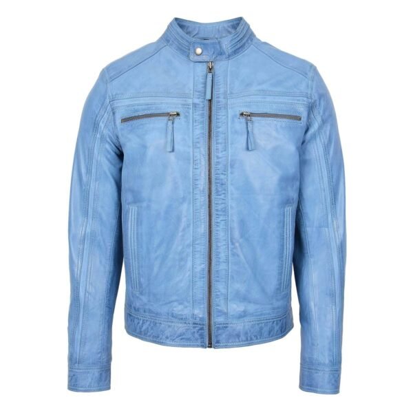 Men's Leather Cafe Racer Biker Jacket Charlie Sky Blue front side with zip closed all the way up