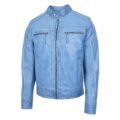 Men's Leather Cafe Racer Biker Jacket Charlie Sky Blue tilted a little to right