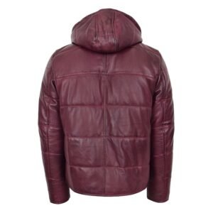 Men's Leather Hooded Puffer Jacket Rory Burgundy rear view