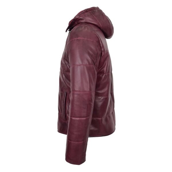 Men's Leather Hooded Puffer Jacket Rory Burgundy lateral side