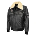 Front side view of Men's Leather Jacket with Detachable Collar Pilot-N Black