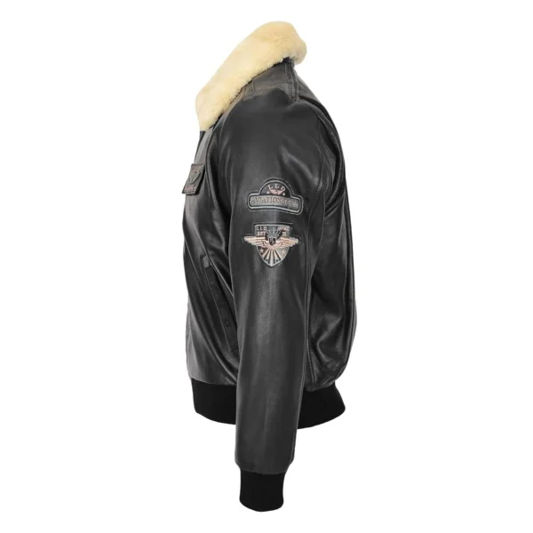 Angled view of Men's Leather Jacket with Detachable Collar Pilot-N Black