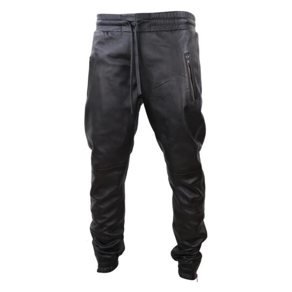 Front view of Men’s Leather Jogger Jeans Elasticated Trousers Black