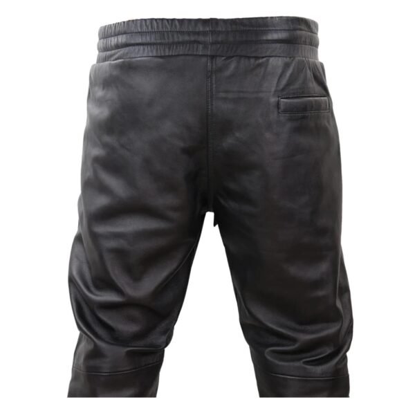 Close-up back view of Men’s Leather Jogger Jeans Elasticated Trousers Black