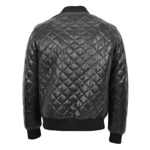 Back view of Mens Leather Quilted Bomber Jacket Warren Black