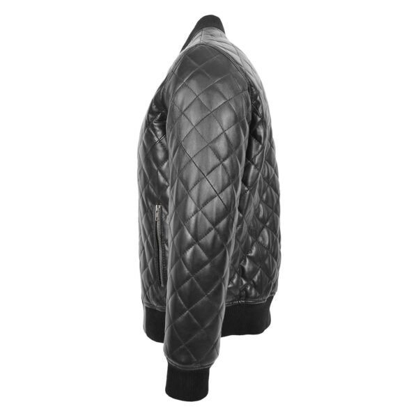 Angled view of Mens Leather Quilted Bomber Jacket Warren Black