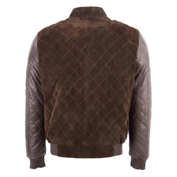 Back view of a quilted brown bomber jacket with suede body panels and leather sleeves, featuring ribbed cuffs and waistband, displayed against a white background