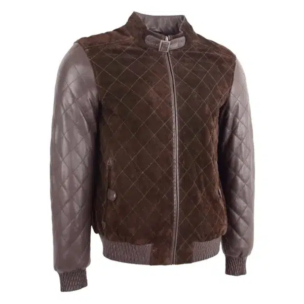 Front view of a quilted brown bomber jacket with suede body panels and leather sleeves, featuring ribbed cuffs and waistband, displayed against a white background