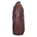 Angled view of a brown leather jacket with black quilted lining, featuring multiple inner pockets with contrasting white trim.