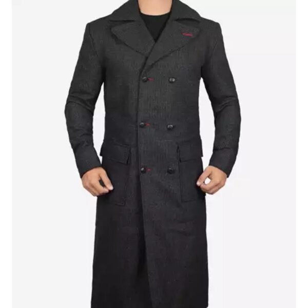 Front view Men's Premium Double Breasted Grey Wool Coat