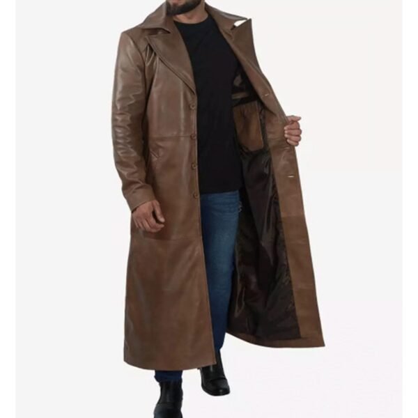 Front view of model wearing a Men’s Real Lambskin Leather Full Length Brown Trench Coat