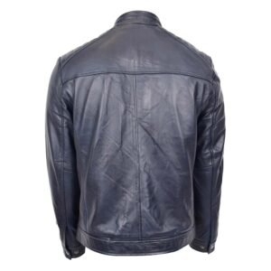 Men's Real Leather Biker Jacket Archie Navy Blue rear view on a white background