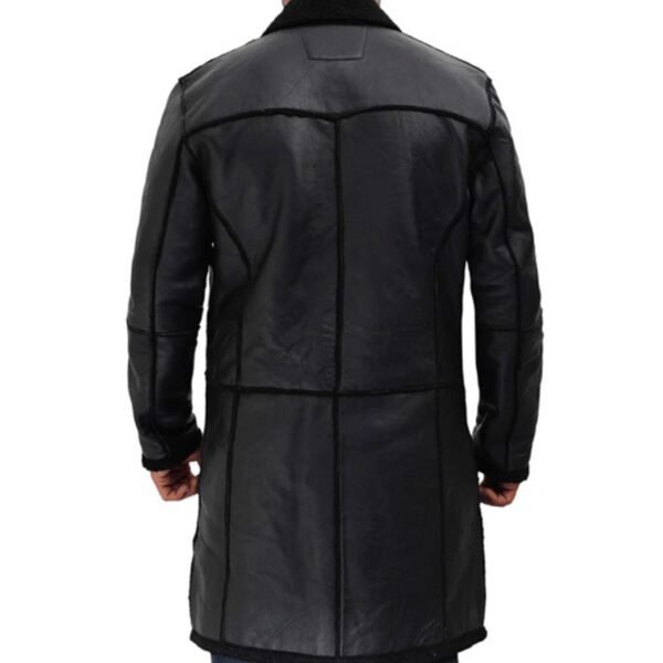 Back view of Men's Real Leather Black Shearling Long Length Coat