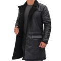 Angled view of a model wearing a Men's Real Leather Black Shearling Long Length Coat